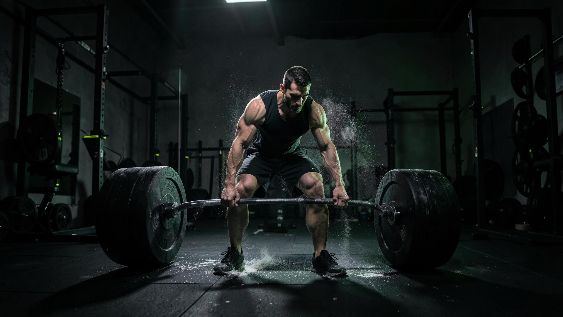 Dark premium gym floor with racks and dumbbells